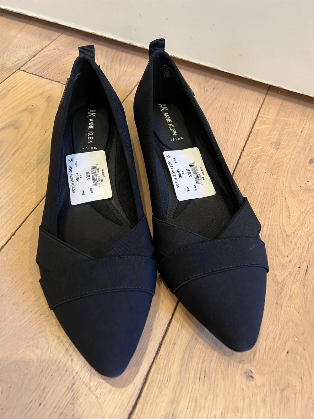 Anne Klein Black Pointed Toe Slip-On Flats with Crossover Vamp